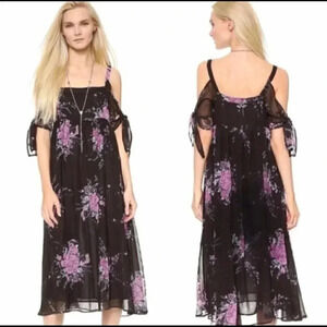 Free People Black Floral MIDI Off the shoulder Dress Size XS Tied to You